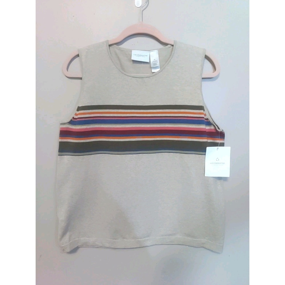 Liz Claiborne Lizwear Heather Beige Multicolor Stripe Sleeveless Tank Top Sz XL